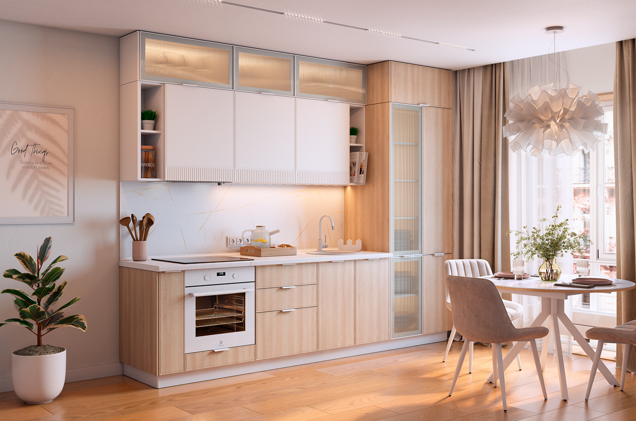 Кухонный гарнитур 4 (ширина 304х60х250,1 см) (белый/кешью матовый/милк матовый/белый муар/бесцветное мору)