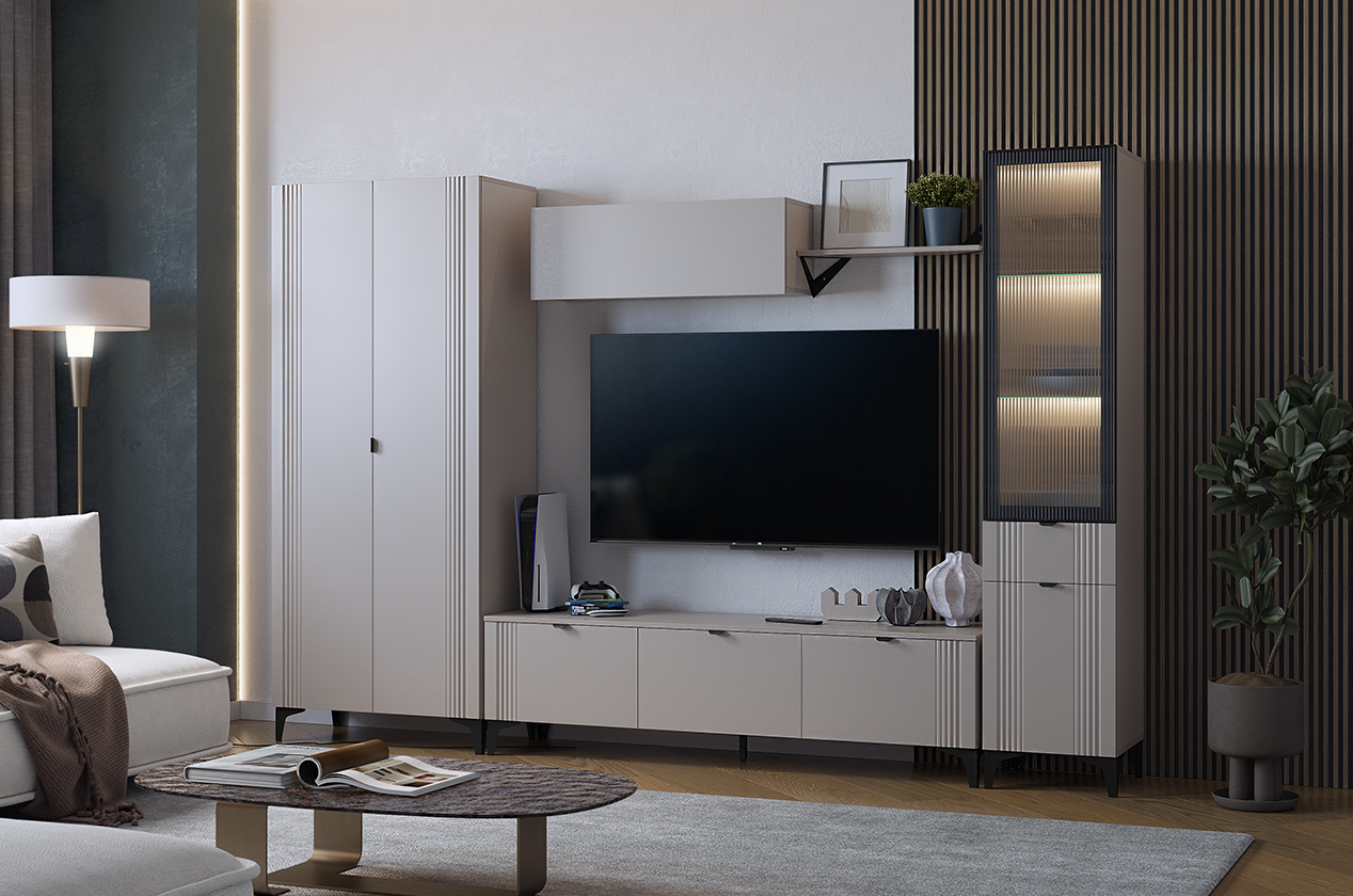 Гостиная "Рич К4" (2850х420х1900 мм) (кашемир/фрапучино матовый/черный)