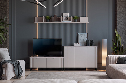 Гостиная "Рич К2" (2200х420х1800 мм) (кашемир/фрапучино матовый/черный)