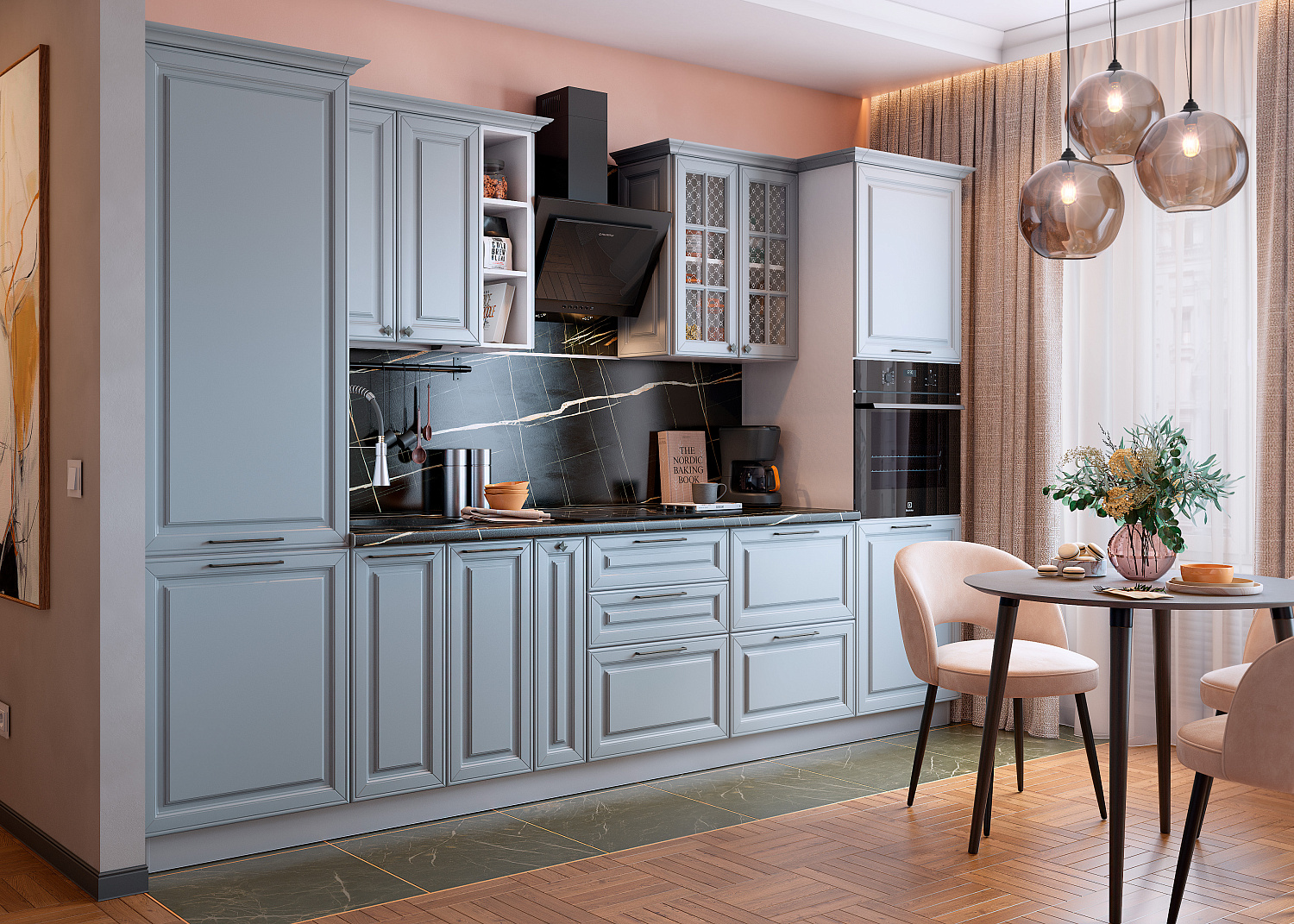 Кухонный гарнитур 8 "Мишель" с карнизом (ширина 320 см) (белый/сизый/сизый)