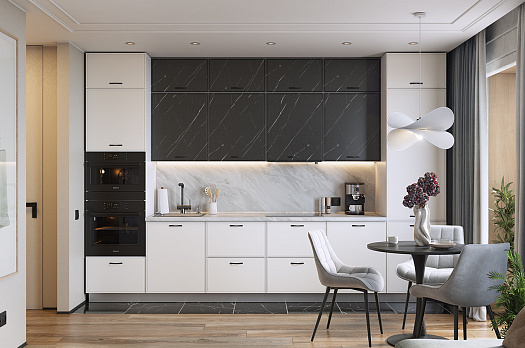 Кухонный гарнитур 7 "Монако" (ширина 360 см) (белый/милк матовый/мрамор блэкберн матовый)