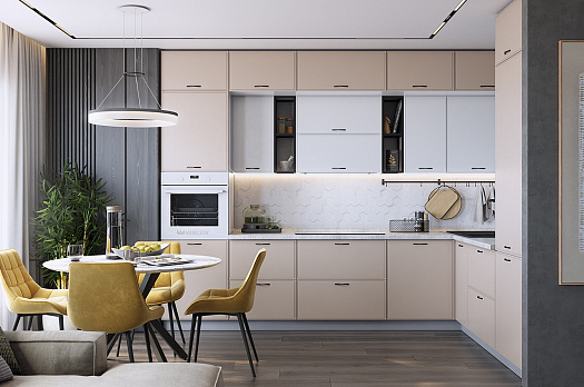 Кухонный гарнитур 6 "Монако" (ширина 320х240 см) (белый/милк матовый/фрапучино матовый)