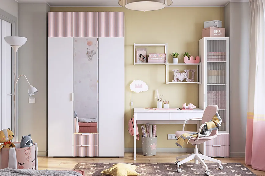 Набор детской мебели "Зефир К1" (2700х580х2300) (белое дерево/белый муар/пудра розовая (эмаль))