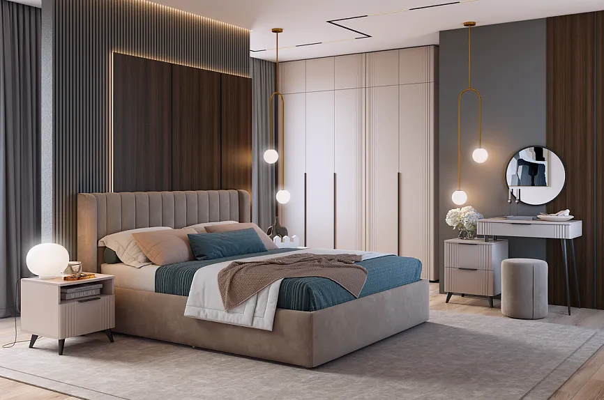 Спальный гарнитур "Катрин К1" (кашемир/фрапучино матовый/капучино (велюр)/черный)